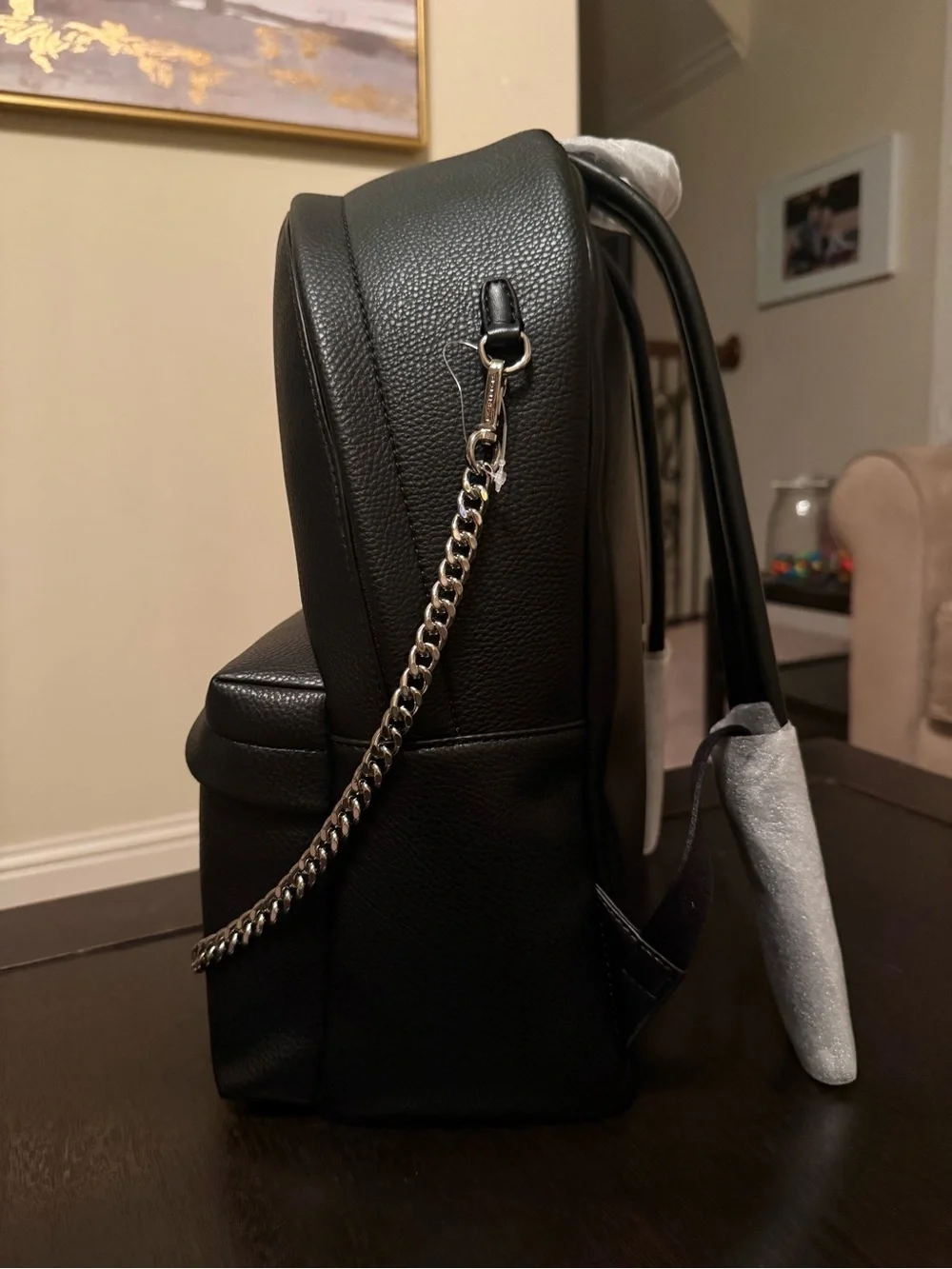 Michael Kors Black Pebbled Leather Backpack with Chain Accent